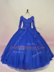 Long Sleeves Lace and Appliques Lace Up Ball Gown Prom Dress with Royal Blue