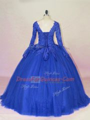Long Sleeves Lace and Appliques Lace Up Ball Gown Prom Dress with Royal Blue
