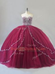 Pretty Sleeveless Beading Lace Up Quinceanera Dress with Burgundy Brush Train
