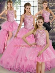 Cute Rose Pink Ball Gowns Tulle Scoop Sleeveless Lace and Embroidery and Ruffles Floor Length Lace Up Quinceanera Gowns