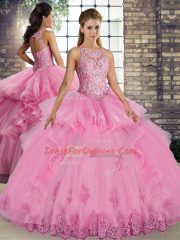 Cute Rose Pink Ball Gowns Tulle Scoop Sleeveless Lace and Embroidery and Ruffles Floor Length Lace Up Quinceanera Gowns