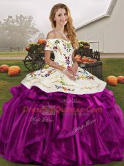 Sleeveless Organza Floor Length Lace Up Quinceanera Gown in White And Purple with Embroidery and Ruffles