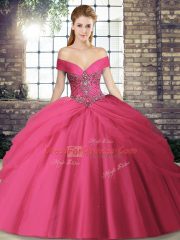 Hot Sale Hot Pink Off The Shoulder Neckline Beading and Pick Ups Quinceanera Dress Sleeveless Lace Up