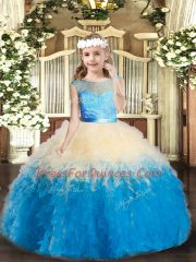High Class Multi-color Ball Gowns Scoop Sleeveless Lace Floor Length Backless Lace and Ruffles Pageant Dress Toddler