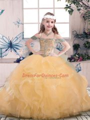 Peach Sleeveless Beading Floor Length Glitz Pageant Dress