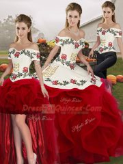 White And Red Tulle Lace Up Off The Shoulder Sleeveless Floor Length Sweet 16 Dress Embroidery and Ruffles