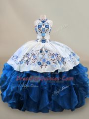 Blue And White Ball Gowns Halter Top Sleeveless Organza Floor Length Lace Up Embroidery and Ruffles Sweet 16 Quinceanera Dress