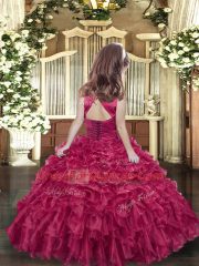 Fuchsia Ball Gowns Ruffles Evening Gowns Lace Up Organza Sleeveless Floor Length