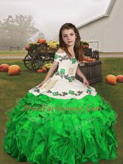 Low Price Green Sleeveless Floor Length Embroidery and Ruffles Lace Up Pageant Gowns For Girls