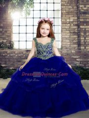 Hot Selling Royal Blue Organza Lace Up Straps Sleeveless Floor Length Child Pageant Dress Beading and Ruffles