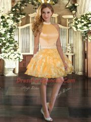 Popular Gold Backless Halter Top Beading and Ruffles Prom Evening Gown Organza Sleeveless