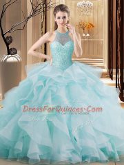 Light Blue Ball Gowns Embroidery and Ruffles Sweet 16 Quinceanera Dress Lace Up Organza Sleeveless