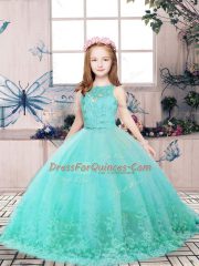 Pretty Aqua Blue Little Girls Pageant Gowns Party and Wedding Party with Lace and Appliques Scoop Sleeveless Backless