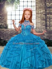 Most Popular Teal Ball Gowns High-neck Sleeveless Tulle Floor Length Lace Up Beading and Ruffles Little Girl Pageant Gowns