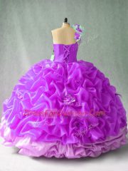 Beautiful One Shoulder Sleeveless Sweet 16 Dress Floor Length Pick Ups and Hand Made Flower Purple Organza