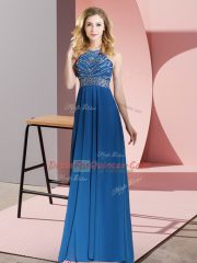 Royal Blue Empire Chiffon Scoop Sleeveless Beading Floor Length Backless Prom Dresses