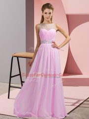 Comfortable Floor Length Backless Prom Dresses Pink for Prom and Party with Beading