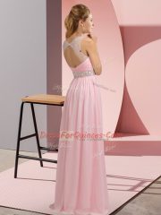 Comfortable Floor Length Backless Prom Dresses Pink for Prom and Party with Beading