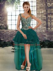 Customized Dark Green Lace Up Straps Beading and Ruffles Homecoming Dress Tulle Sleeveless