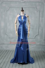 Mermaid Sleeveless Blue Prom Party Dress Brush Train Criss Cross Mermaid Sleeveless Blue Prom Party Dress Brush Train Criss Cross