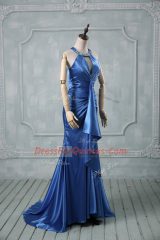 Mermaid Sleeveless Blue Prom Party Dress Brush Train Criss Cross