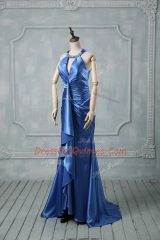 Mermaid Sleeveless Blue Prom Party Dress Brush Train Criss Cross