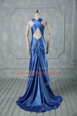 Mermaid Sleeveless Blue Prom Party Dress Brush Train Criss Cross