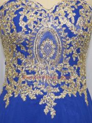 Royal Blue Sleeveless Lace and Appliques Zipper Prom Dresses
