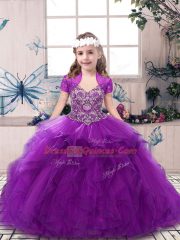 Purple Sleeveless Floor Length Beading and Ruffles Lace Up Evening Gowns