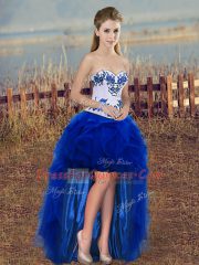 Customized Royal Blue Tulle Lace Up Sweetheart Sleeveless High Low Evening Dress Embroidery and Ruffles