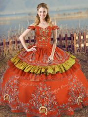 Edgy Rust Red Off The Shoulder Lace Up Embroidery 15th Birthday Dress Sleeveless