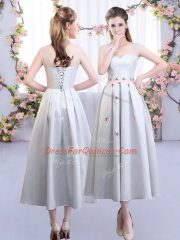 Silver Satin Lace Up Straps Sleeveless Tea Length Quinceanera Court of Honor Dress Appliques