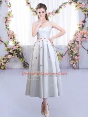 Silver Satin Lace Up Straps Sleeveless Tea Length Quinceanera Court of Honor Dress Appliques