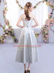 Silver Satin Lace Up Straps Sleeveless Tea Length Quinceanera Court of Honor Dress Appliques