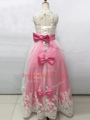 Pink And White Lace Up Flower Girl Dress Beading and Lace and Bowknot Sleeveless Floor Length