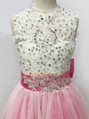 Pink And White Lace Up Flower Girl Dress Beading and Lace and Bowknot Sleeveless Floor Length