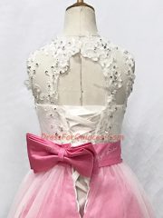 Pink And White Lace Up Flower Girl Dress Beading and Lace and Bowknot Sleeveless Floor Length