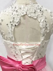 Pink And White Lace Up Flower Girl Dress Beading and Lace and Bowknot Sleeveless Floor Length