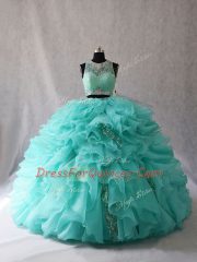 Aqua Blue Sleeveless Organza Brush Train Zipper Quinceanera Dresses for Sweet 16 and Quinceanera
