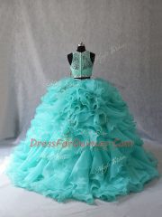 Aqua Blue Sleeveless Organza Brush Train Zipper Quinceanera Dresses for Sweet 16 and Quinceanera