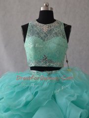 Aqua Blue Sleeveless Organza Brush Train Zipper Quinceanera Dresses for Sweet 16 and Quinceanera