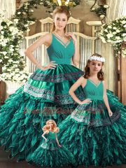 Pretty Turquoise Quinceanera Dresses Sweet 16 and Quinceanera with Appliques and Ruffles V-neck Sleeveless Backless