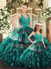 Pretty Turquoise Quinceanera Dresses Sweet 16 and Quinceanera with Appliques and Ruffles V-neck Sleeveless Backless