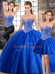 Adorable Blue Sleeveless Brush Train Beading 15 Quinceanera Dress