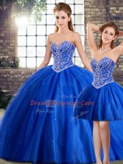 Adorable Blue Sleeveless Brush Train Beading 15 Quinceanera Dress