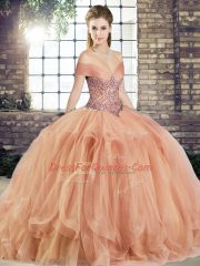 Nice Peach Tulle Lace Up Quinceanera Dress Sleeveless Floor Length Beading and Ruffles