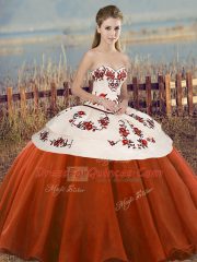 Vintage Rust Red Ball Gowns Sweetheart Sleeveless Tulle Floor Length Lace Up Embroidery and Bowknot 15th Birthday Dress