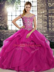 Admirable Fuchsia Ball Gowns Beading and Ruffles 15 Quinceanera Dress Lace Up Tulle Sleeveless