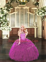 Beading and Ruffles Vestidos de Quinceanera Fuchsia Lace Up Sleeveless Floor Length
