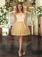Super Mini Length Gold Prom Dresses Scoop Sleeveless Zipper